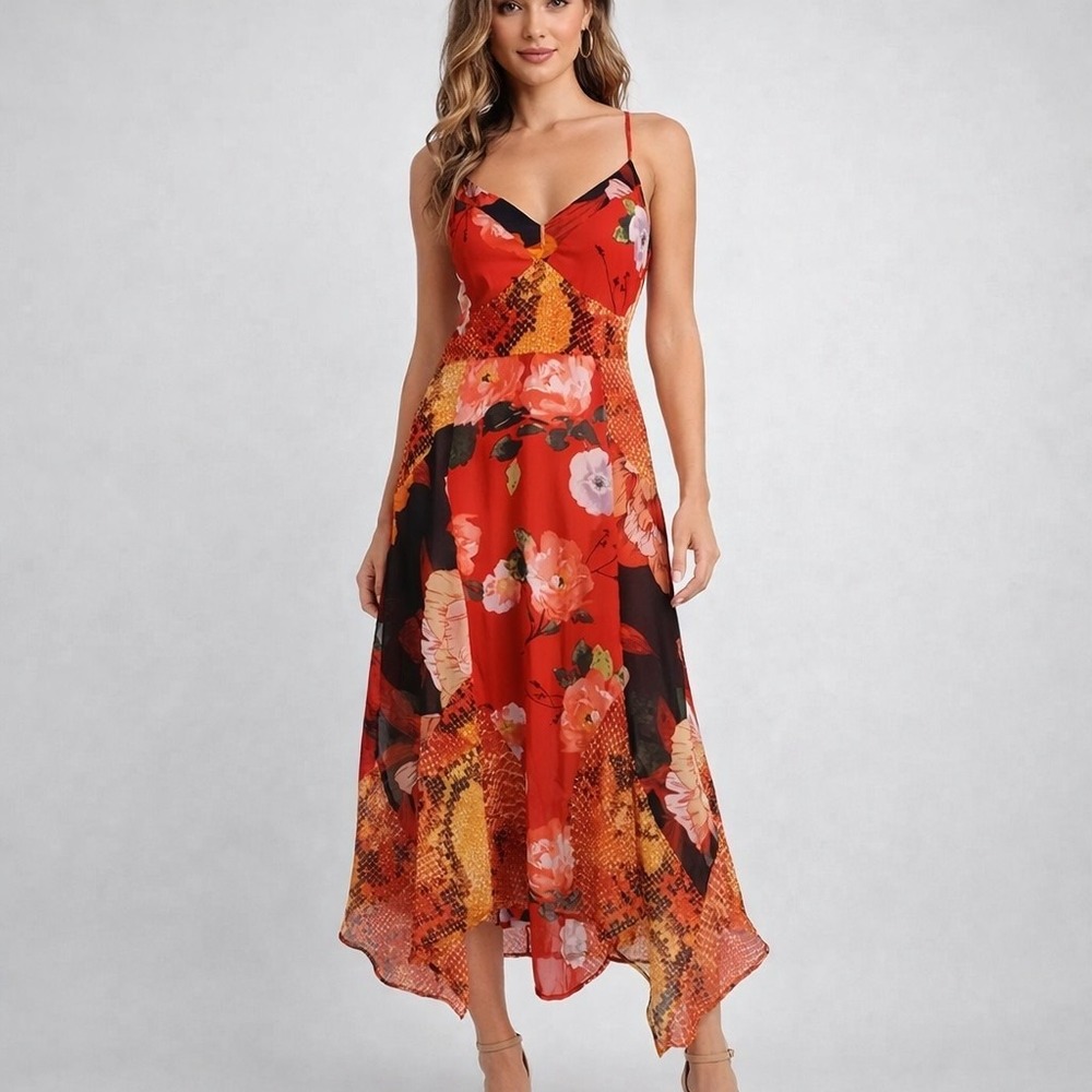 Guess Chiffon Slip Dress Womens S Red Fairy Whimsigoth Asymmetrical Babydoll